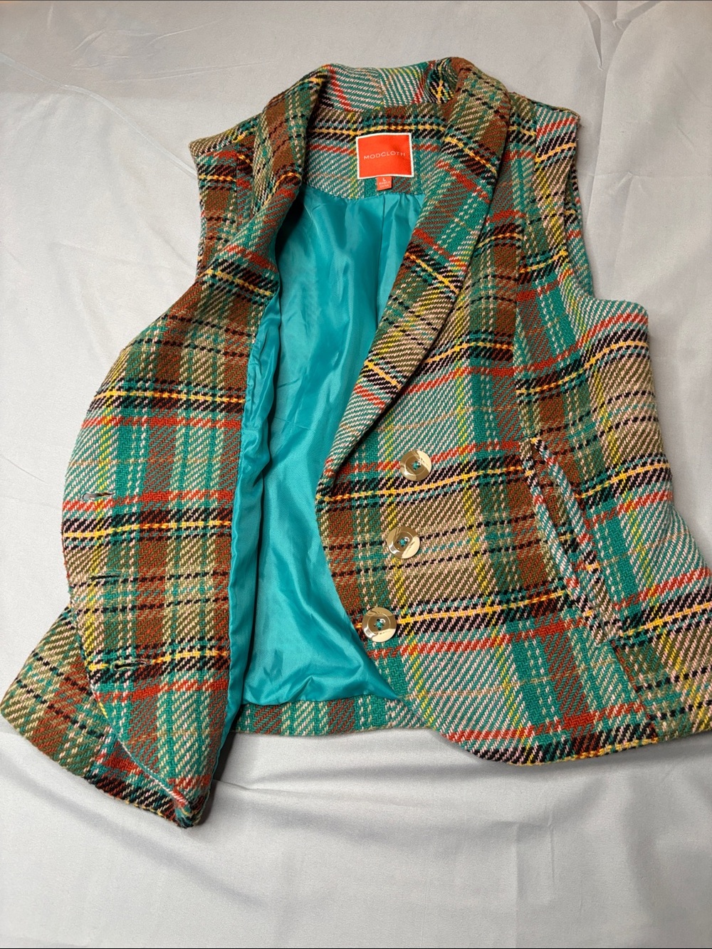 Modcloth Plaid Teal, Brown and Cream Plaid Vintage Style Wool Blend Vest Size L - Picture 9 of 10